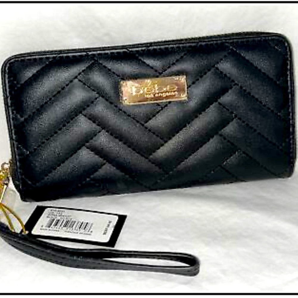 Bebe Black Chevron Quilted Faux Leather Long Wallet with Gold Accents NWT